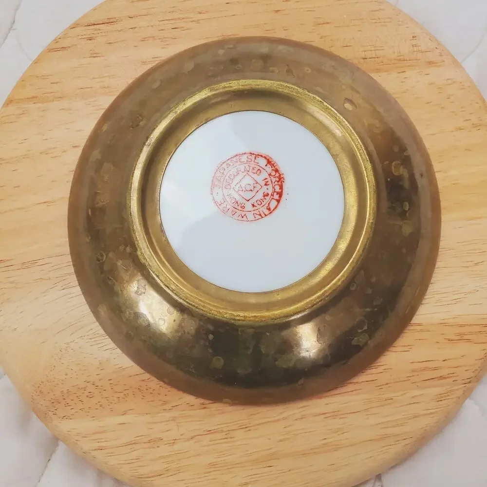 Vintage ACF Japanese Porcelain Ware Bowl Metal Encased 5 3/4” Floral Green MCM